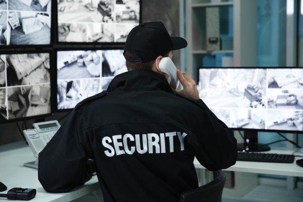 Security guard speaking on a phone.