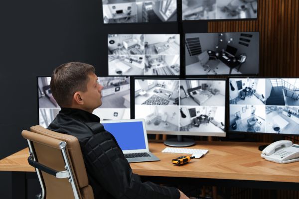 A security guard monitoring live surveillance feeds.