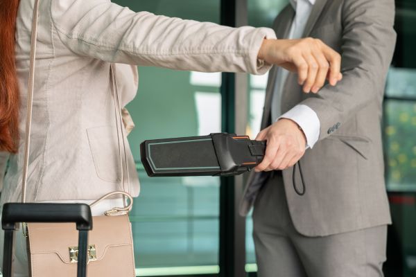 An airport security officer checks a passenger with a metal detector.