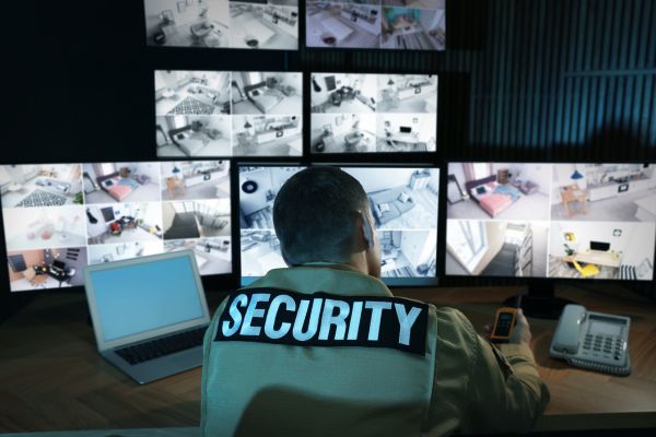 Security guard observing the live feed of the security cameras.