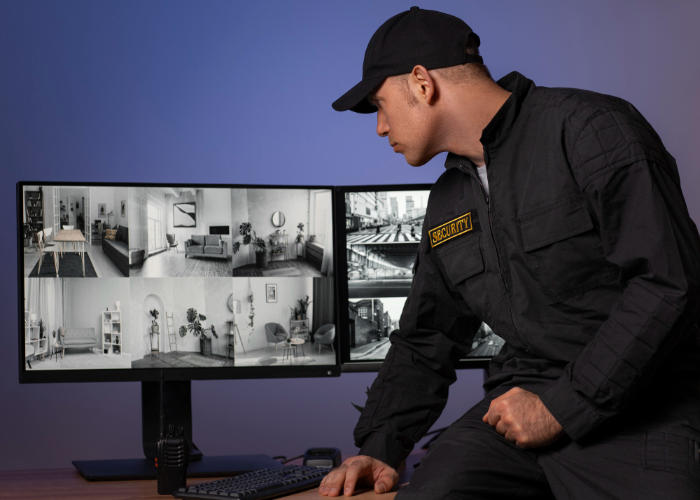 Building security guard checking on cctv