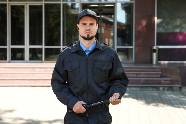 A security guard in front of the building.