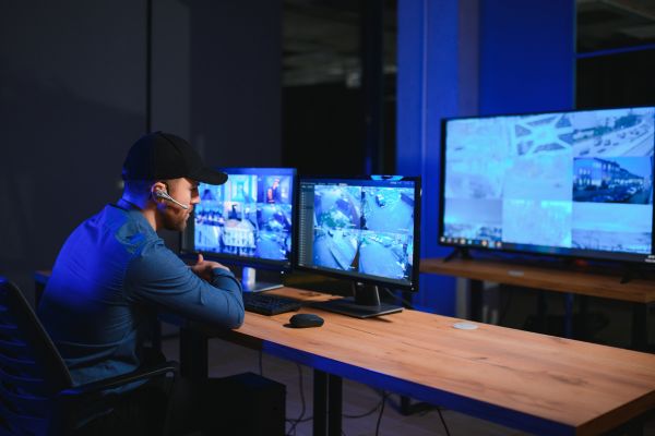Private security guard in a modern control room.