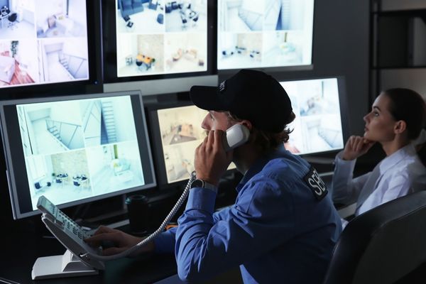 Security guard monitoring surveillance camera screens